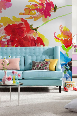 Living room blue couch colorful 2 - a living room free wallpaper for mobile