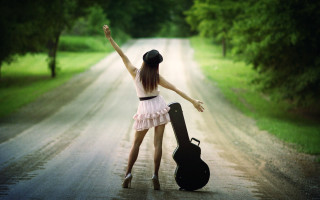 Woman dress hat guitar outdoors - a guitar free wallpaper
