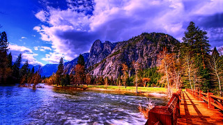 River wooden bridge mountains clouds - bob thompson free wallpaper for desktop