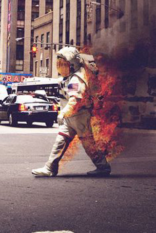 Man fire suit street fireball - free space wallpaper
