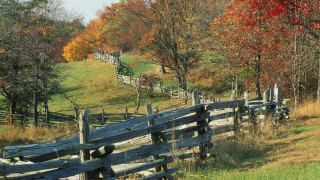 Wooden fence field trees hillside - alson s. clark free wallpaper