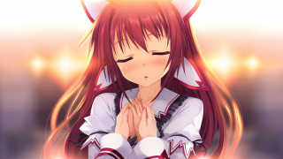 Girl red hair horns praying - god ray free wallpaper