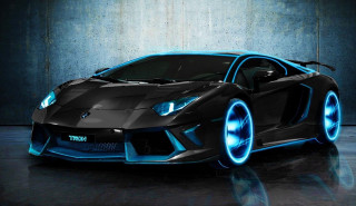 Black sports car blue lights 3 - a concrete wall free wallpaper