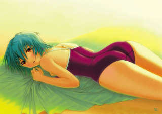 Green haired woman beach lying - a green skirt free wallpaper