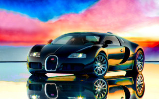 Black bugatti reflection puddle sunset 2 - a colorful sky in the background free wallpaper