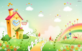 House heart rainbow flowers sky - naive free wallpaper