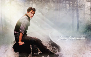 Man sitting train track woods - dark shadow free wallpaper