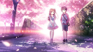 Anime girls pink tree pink - a pink sky in the background free wallpaper