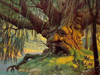 Tree water background foreground painting - fantasy artwork free wallpaper