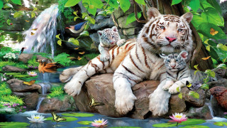 Tiger cubs forest waterfall flowers - her cub free wallpaper