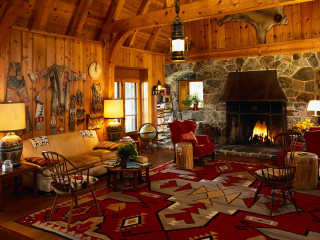 Living room fireplace stone red - center area free wallpaper