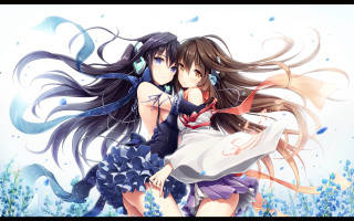 Anime girls hugging field flowers - a field of flowers and grass free wallpaper