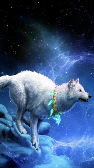 White wolf green collar rock - digital art free wallpaper for mobile