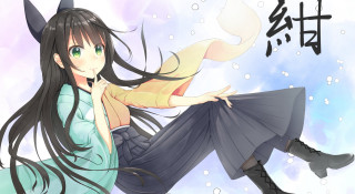 Woman long hair sitting ground 2 - a blue dress free wallpaper for desktop