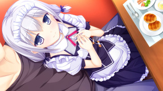 Maid outfit woman sitting table - a plate of food free wallpaper for desktop