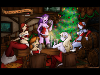 Cartoon christmas group animals fantasy - a christmas tree in the background free wallpaper