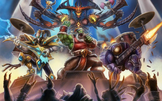 Cartoon characters stage arm raise - top of a stage free wallpaper