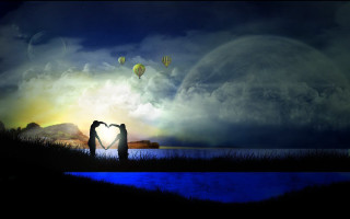 Couple kissing heart shaped balloon - a rainbow in the background and a rainbow in the sky free wallpaper