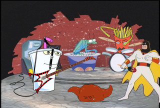 Cartoon band playing stage cat - side and a person free wallpaper