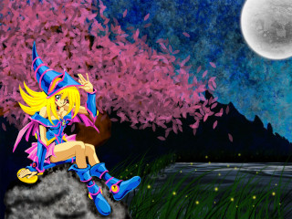 Cartoon girl rock full moon - a rock in front free wallpaper for desktop