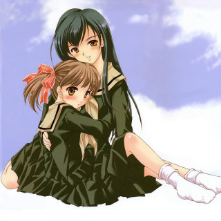 Anime girls sitting sky clouds - aimitsu free wallpaper for tablet