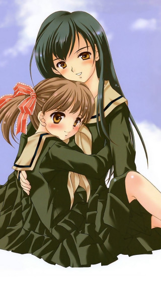 Anime girls hugging snow sky - aimitsu free wallpaper for mobile