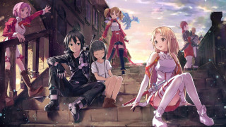 Anime characters stairs building sky - a group of anime characters free wallpaper