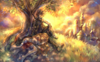Couple hugging tree field castle - a storybook illustration free wallpaper