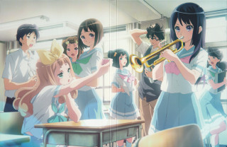 Anime girls trumpet table man - their hand and a man holding free wallpaper