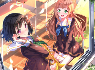 Anime girls staircase standing together - official art free wallpaper for desktop