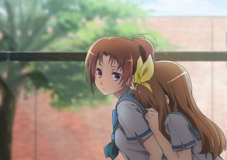 Two girls hugging window tree - half free wallpaper