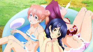 Three anime girls pool frisbee - their hand and a man free wallpaper