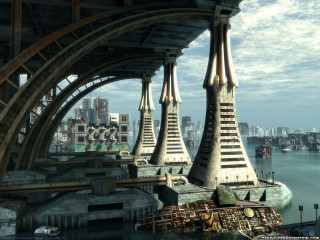 Futuristic city bridge boat water - the water and a city in the background free wallpaper