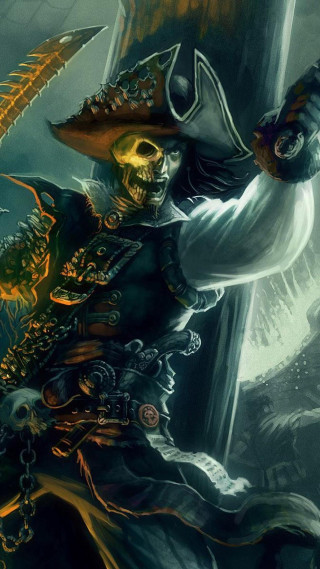Pirate sword skull back holding - epic fantasy character art free wallpaper for mobile
