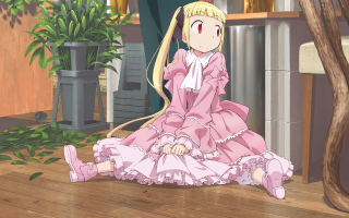 Woman pinkdress plant sitting portrait - a wooden floor in front free wallpaper