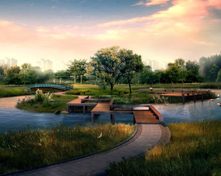 Park benches bridge river boat - cao buxing free wallpaper