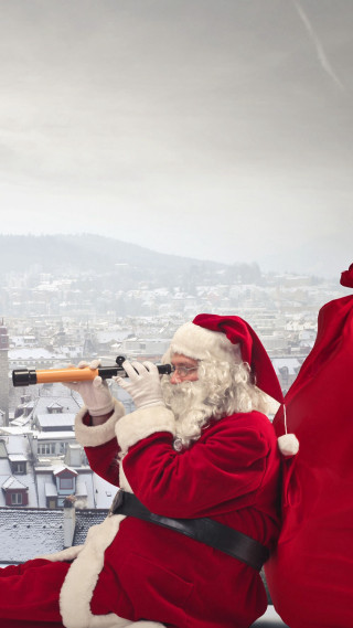 Santa claus telescope city skyline - free holidays wallpaper for mobile