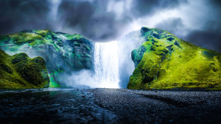 Waterfall mossy rock dark sky - mossy free wallpaper for desktop