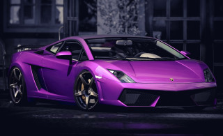Purple sports car night building - a black light free wallpaper