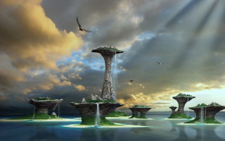 Surreal fountain birds flying sky - over the water free wallpaper