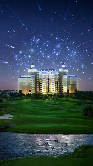 Night golf course building pond - night sky free wallpaper for mobile
