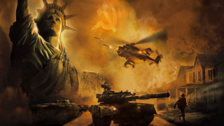 Statue liberty helicopter city tanks - over a city free wallpaper