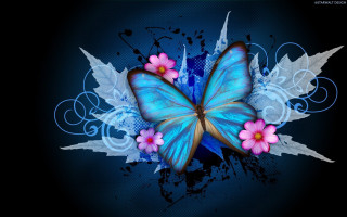 Blue butterfly pink flowers background - a blue butterfly free wallpaper