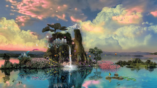 Small island waterfall painting nature - a small island free wallpaper for desktop