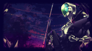 Robot sword dark room purple - a purple sky in the background free wallpaper for desktop