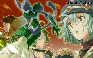 Anime characters group red background 3 - a caption free wallpaper for desktop