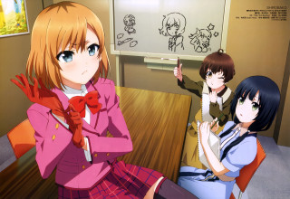 Anime girls whiteboard drawing sitting - behind them free wallpaper