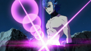 Man blue hair sword mountain - a purple light free wallpaper for desktop