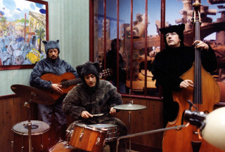 Costumed people playing instruments room - furry art free wallpaper