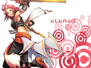 Woman sword cat red white - swirl free wallpaper